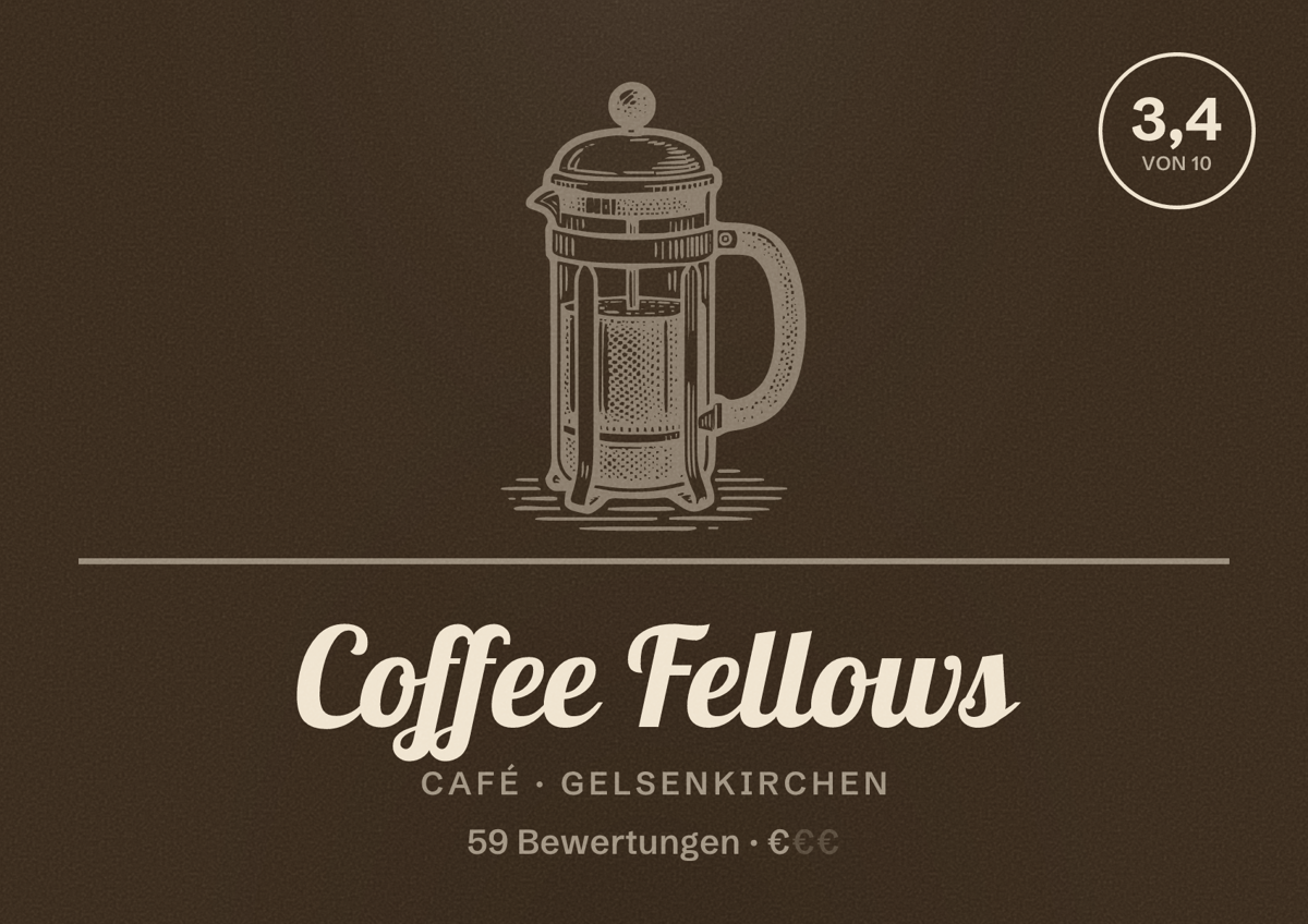 Illustriertes Poster von Coffee Fellows, Café in Gelsenkirchen: Bewertung 3,4 von 10 aus 59 Bewertungen, Preisniveau €