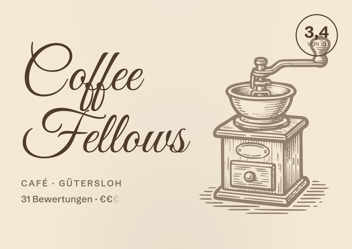 Illustriertes Poster von Coffee Fellows, Café in Gütersloh: Bewertung 3,4 von 10 aus 31 Bewertungen, Preisniveau €€