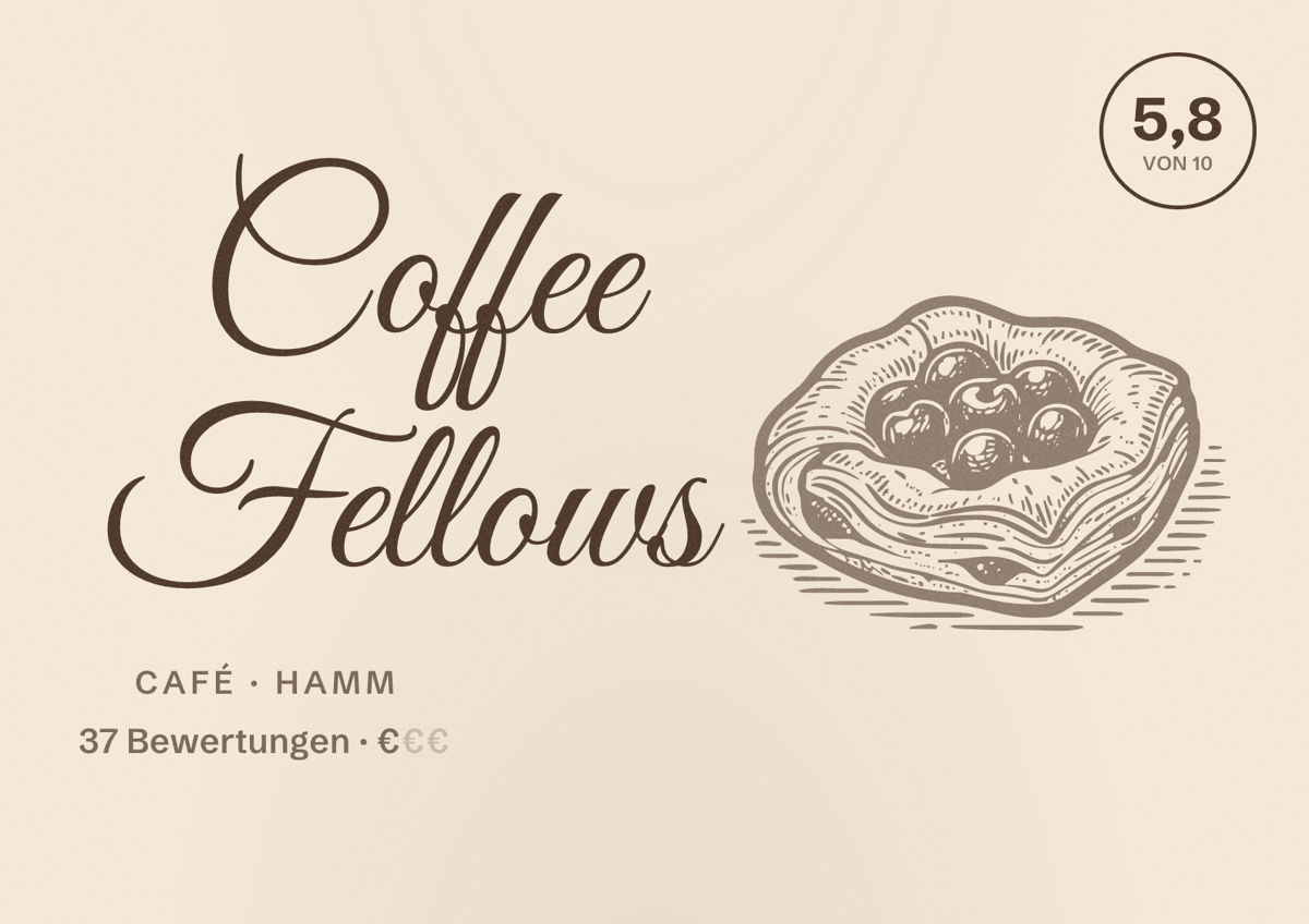 Illustriertes Poster von Coffee Fellows, Café in Hamm: Bewertung 5,8 von 10 aus 37 Bewertungen, Preisniveau €