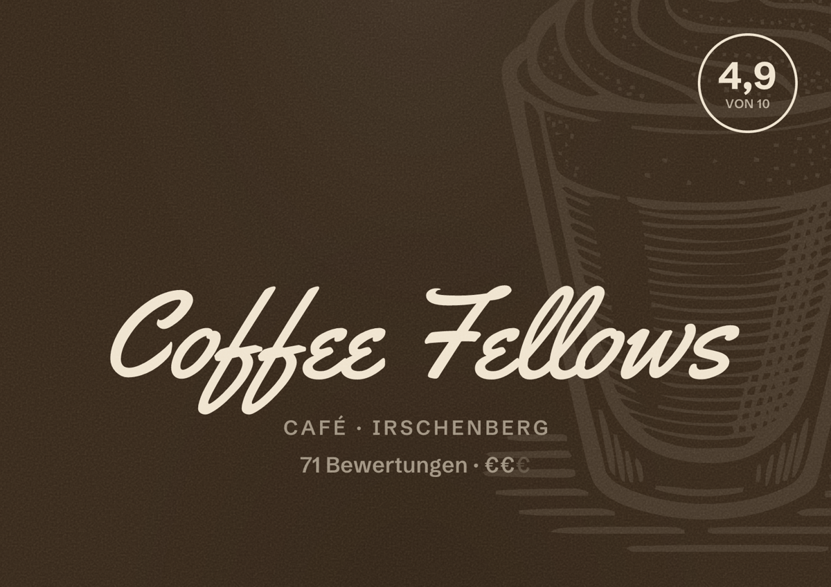 Illustriertes Poster von Coffee Fellows, Café in Irschenberg: Bewertung 4,9 von 10 aus 71 Bewertungen, Preisniveau €€