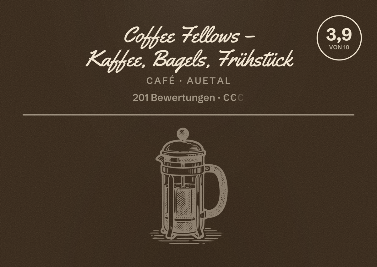 Illustriertes Poster von Coffee Fellows – Kaffee, Bagels, Frühstück, Café in Auetal: Bewertung 3,9 von 10 aus 201 Bewertungen, Preisniveau €€