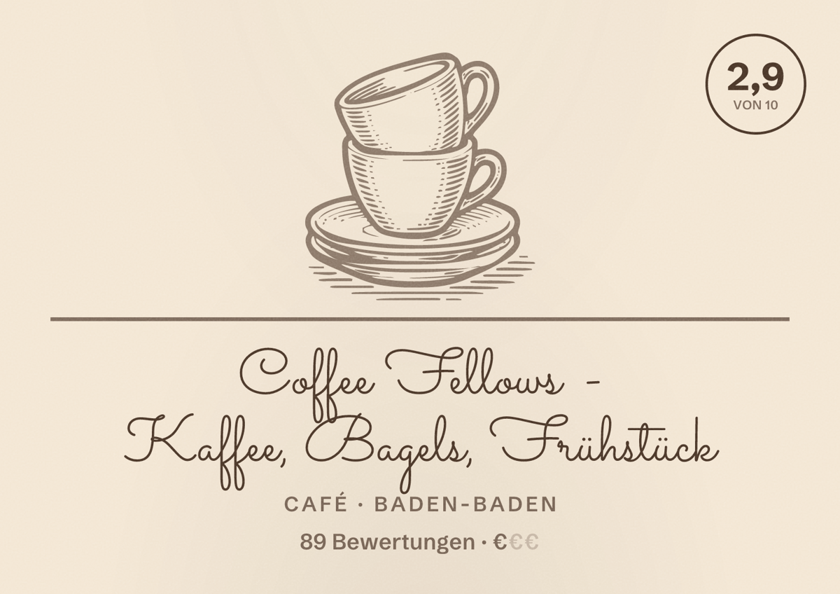 Illustriertes Poster von Coffee Fellows - Kaffee, Bagels, Frühstück, Café in Baden-Baden: Bewertung 2,9 von 10 aus 89 Bewertungen, Preisniveau €