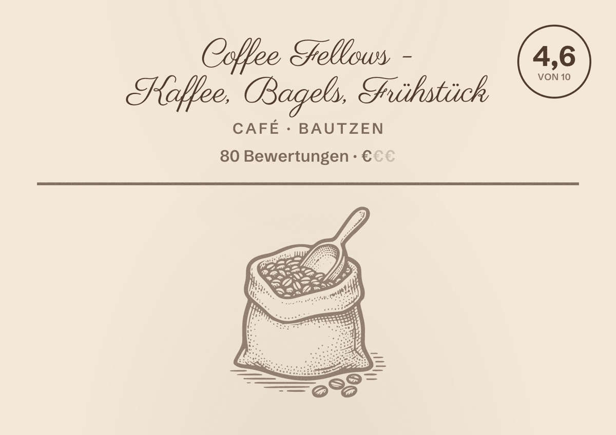Illustriertes Poster von Coffee Fellows - Kaffee, Bagels, Frühstück, Café in Bautzen: Bewertung 4,6 von 10 aus 80 Bewertungen, Preisniveau €