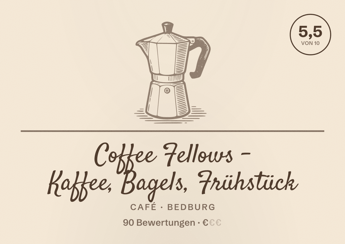 Illustriertes Poster von Coffee Fellows - Kaffee, Bagels, Frühstück, Café in Bedburg: Bewertung 5,5 von 10 aus 90 Bewertungen, Preisniveau €