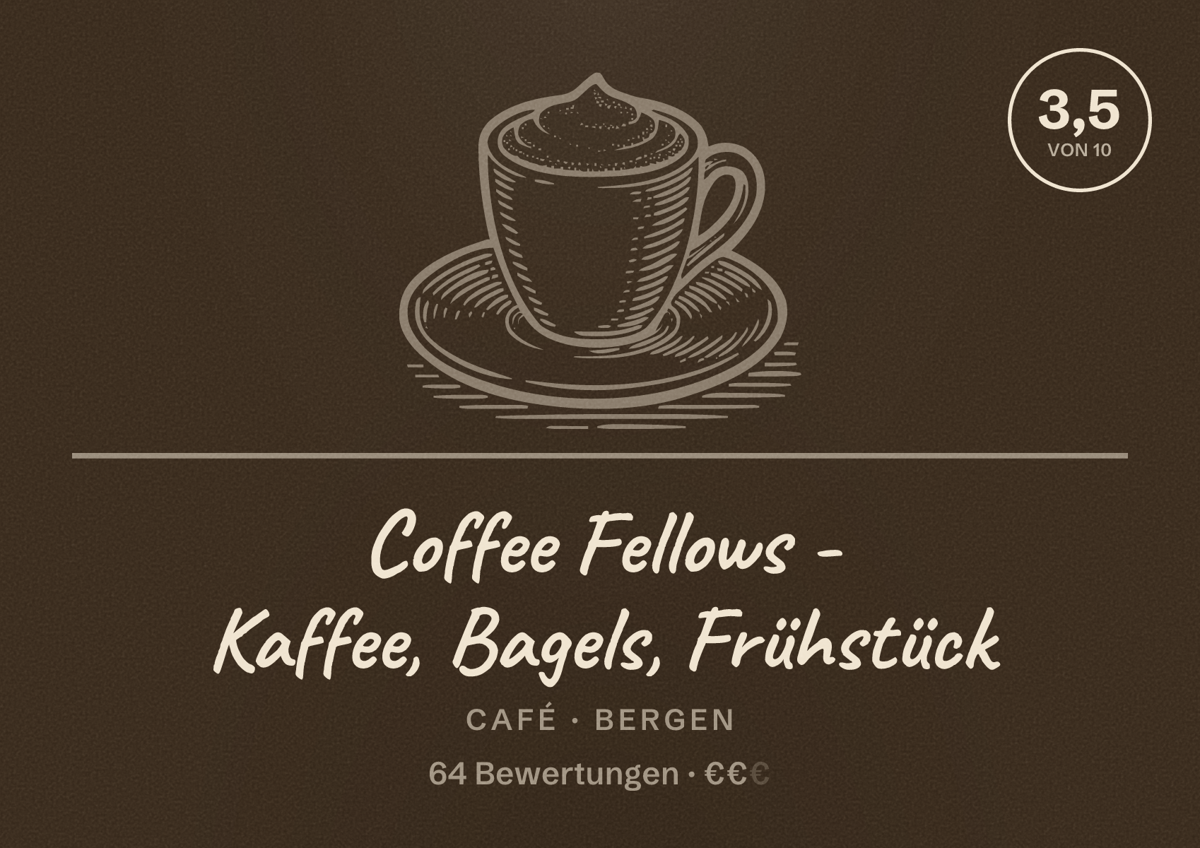 Illustriertes Poster von Coffee Fellows - Kaffee, Bagels, Frühstück, Café in Bergen: Bewertung 3,5 von 10 aus 64 Bewertungen, Preisniveau €€