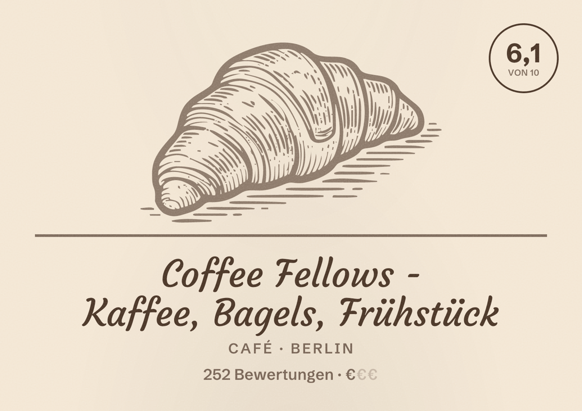 Illustriertes Poster von Coffee Fellows - Kaffee, Bagels, Frühstück, Café in Berlin: Bewertung 6,1 von 10 aus 252 Bewertungen, Preisniveau €