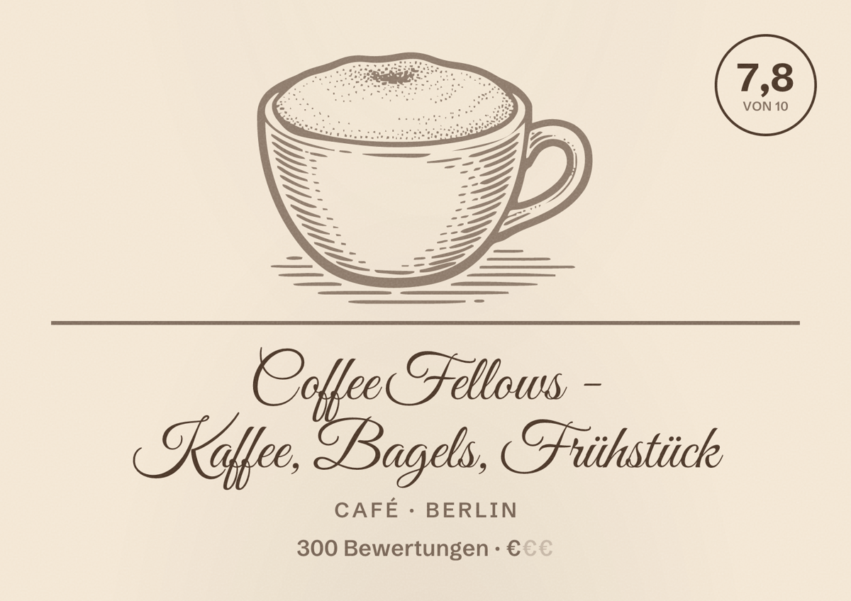 Illustriertes Poster von Coffee Fellows - Kaffee, Bagels, Frühstück, Café in Berlin: Bewertung 7,8 von 10 aus 300 Bewertungen, Preisniveau €