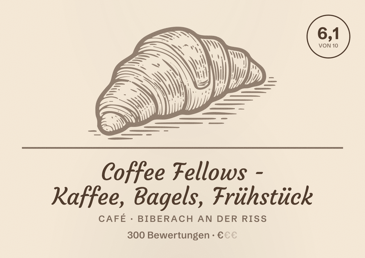 Illustriertes Poster von Coffee Fellows - Kaffee, Bagels, Frühstück, Café in Biberach an der Riß: Bewertung 6,1 von 10 aus 300 Bewertungen, Preisniveau €