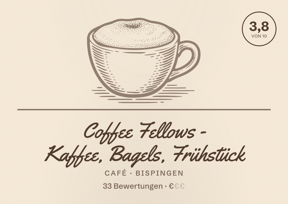 Illustriertes Poster von Coffee Fellows - Kaffee, Bagels, Frühstück, Café in Bispingen: Bewertung 3,8 von 10 aus 33 Bewertungen, Preisniveau €