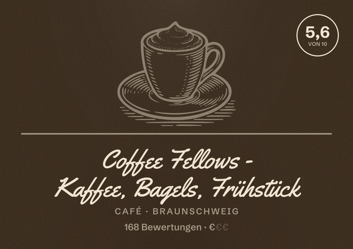 Illustriertes Poster von Coffee Fellows - Kaffee, Bagels, Frühstück, Café in Braunschweig: Bewertung 5,6 von 10 aus 168 Bewertungen, Preisniveau €
