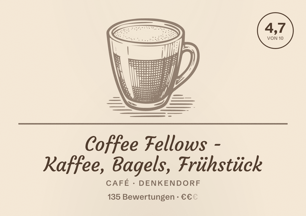 Illustriertes Poster von Coffee Fellows - Kaffee, Bagels, Frühstück, Café in Denkendorf: Bewertung 4,7 von 10 aus 135 Bewertungen, Preisniveau €€
