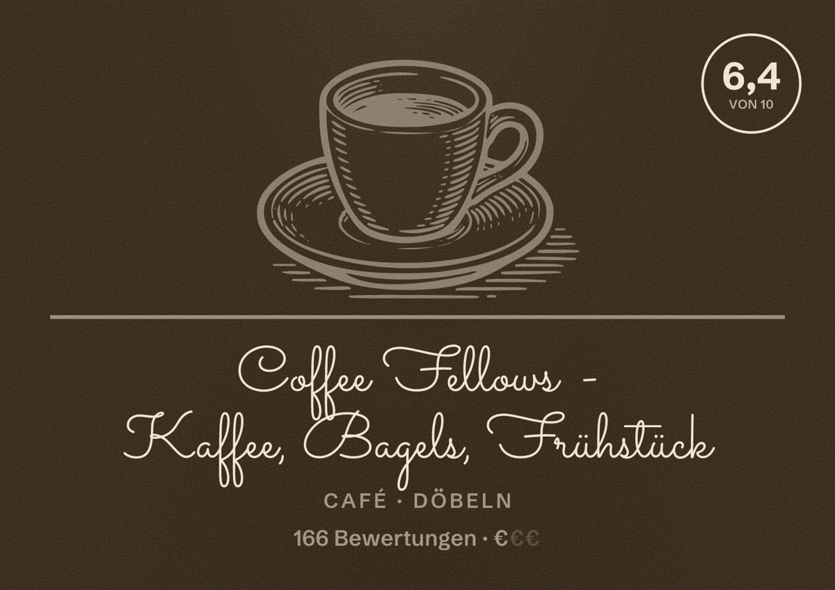 Illustriertes Poster von Coffee Fellows - Kaffee, Bagels, Frühstück, Café in Döbeln: Bewertung 6,4 von 10 aus 166 Bewertungen, Preisniveau €