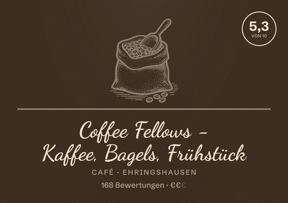 Illustriertes Poster von Coffee Fellows - Kaffee, Bagels, Frühstück, Café in Ehringshausen: Bewertung 5,3 von 10 aus 168 Bewertungen, Preisniveau €€
