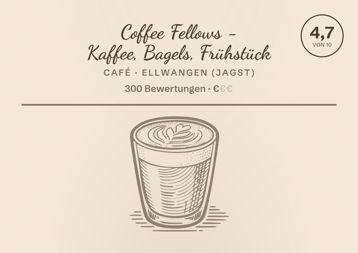 Illustriertes Poster von Coffee Fellows - Kaffee, Bagels, Frühstück, Café in Ellwangen (Jagst): Bewertung 4,7 von 10 aus 300 Bewertungen, Preisniveau €
