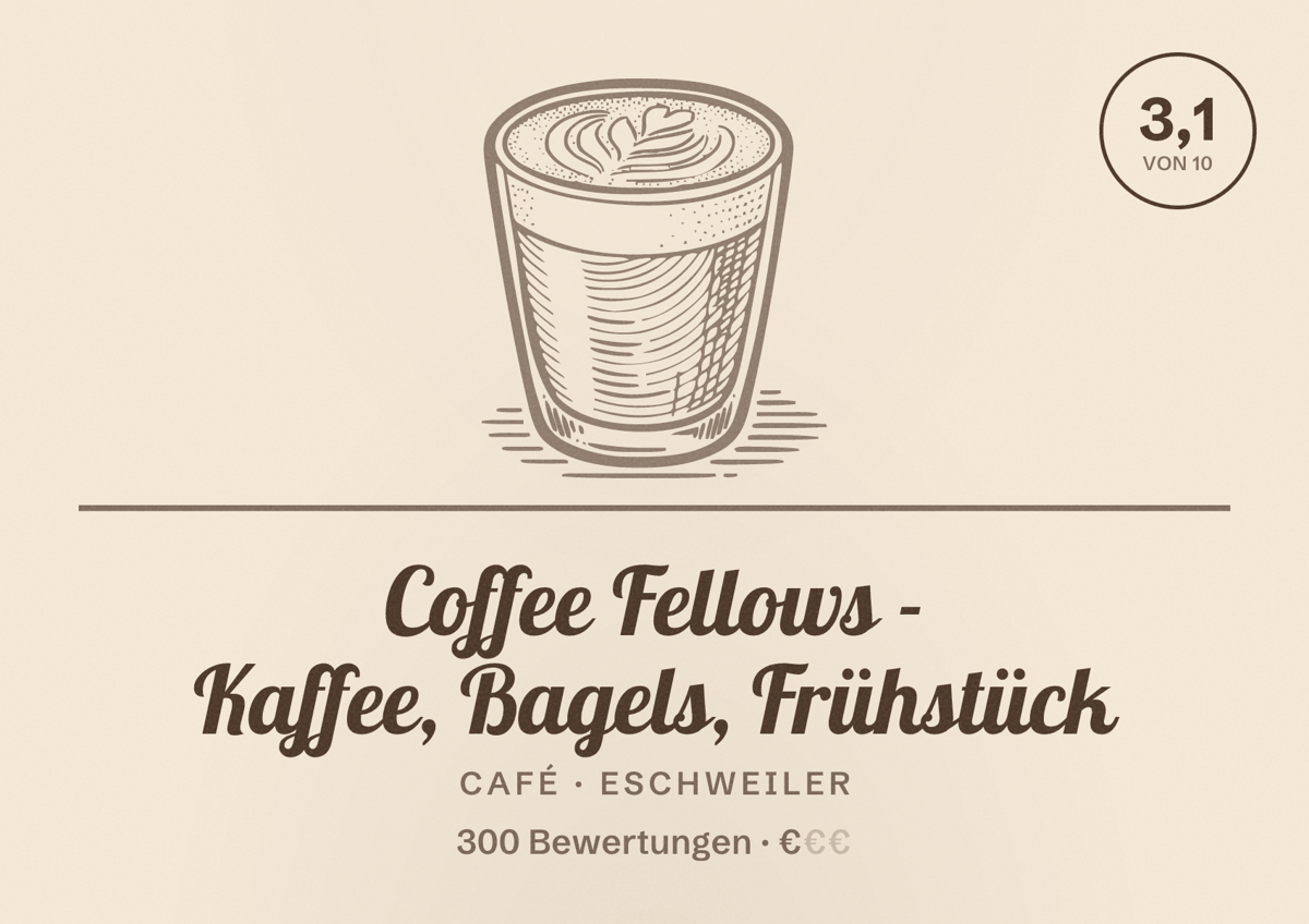 Illustriertes Poster von Coffee Fellows - Kaffee, Bagels, Frühstück, Café in Eschweiler: Bewertung 3,1 von 10 aus 300 Bewertungen, Preisniveau €