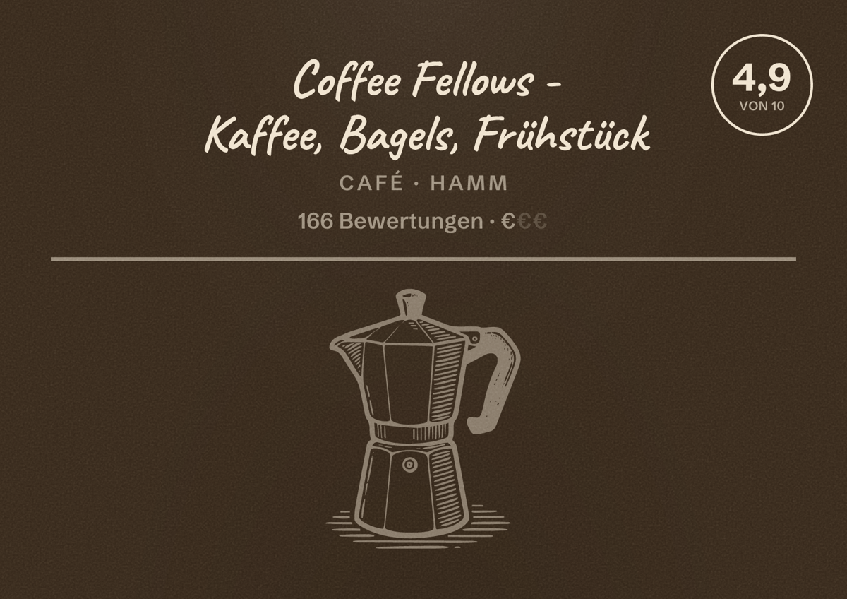 Illustriertes Poster von Coffee Fellows - Kaffee, Bagels, Frühstück, Café in Hamm: Bewertung 4,9 von 10 aus 166 Bewertungen, Preisniveau €