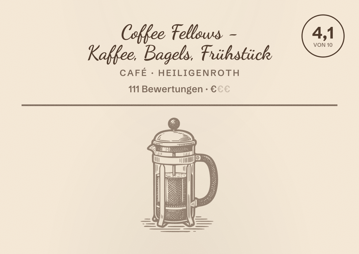 Illustriertes Poster von Coffee Fellows - Kaffee, Bagels, Frühstück, Café in Heiligenroth: Bewertung 4,1 von 10 aus 111 Bewertungen, Preisniveau €