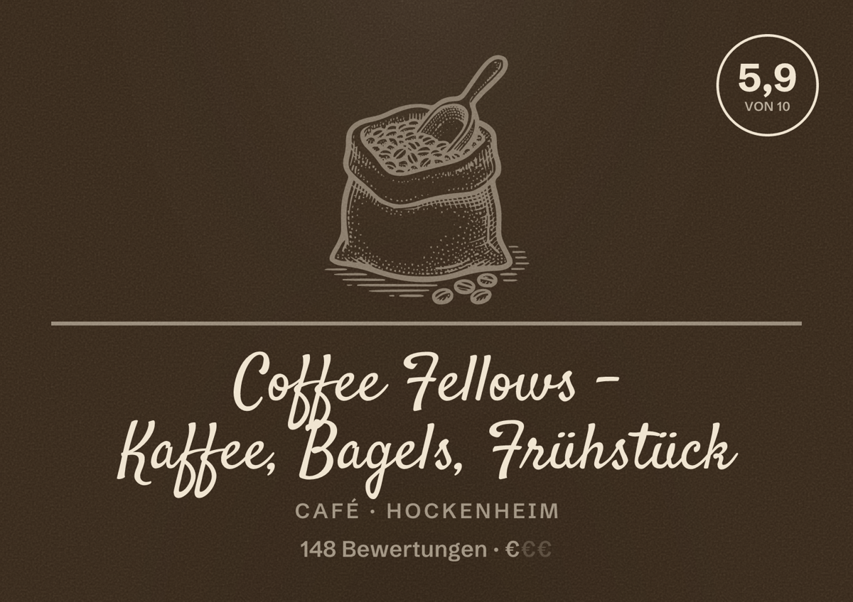 Illustriertes Poster von Coffee Fellows - Kaffee, Bagels, Frühstück, Café in Hockenheim: Bewertung 5,9 von 10 aus 148 Bewertungen, Preisniveau €