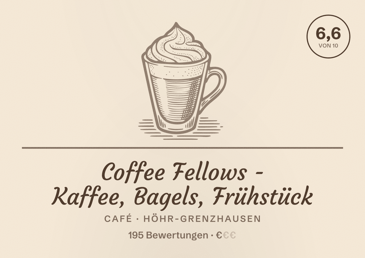 Illustriertes Poster von Coffee Fellows - Kaffee, Bagels, Frühstück, Café in Höhr-Grenzhausen: Bewertung 6,6 von 10 aus 195 Bewertungen, Preisniveau €