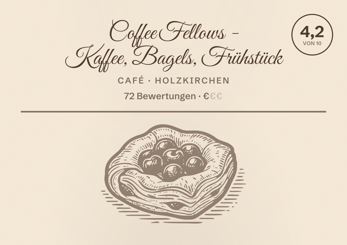 Illustriertes Poster von Coffee Fellows - Kaffee, Bagels, Frühstück, Café in Holzkirchen: Bewertung 4,2 von 10 aus 72 Bewertungen, Preisniveau €