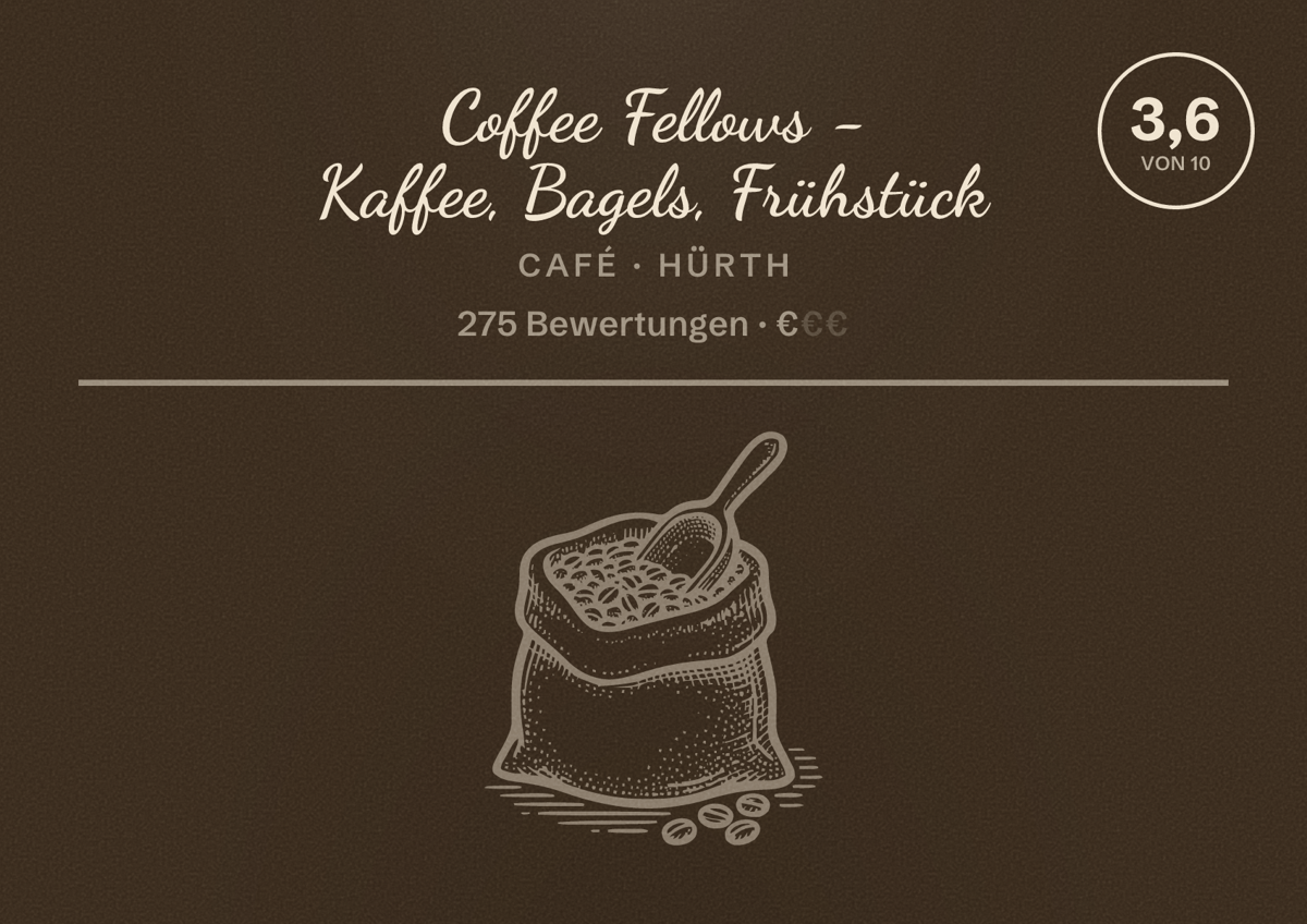 Illustriertes Poster von Coffee Fellows - Kaffee, Bagels, Frühstück, Café in Hürth: Bewertung 3,6 von 10 aus 275 Bewertungen, Preisniveau €