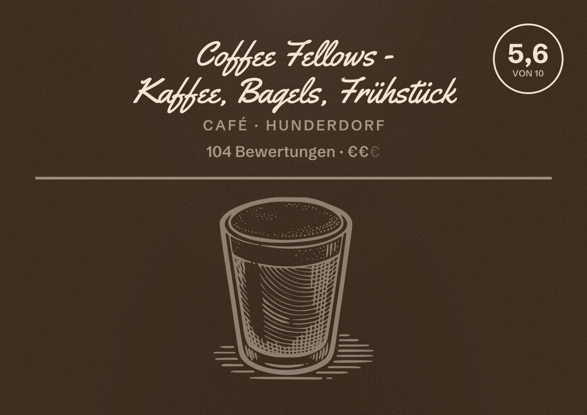 Illustriertes Poster von Coffee Fellows - Kaffee, Bagels, Frühstück, Café in Hunderdorf: Bewertung 5,6 von 10 aus 104 Bewertungen, Preisniveau €€