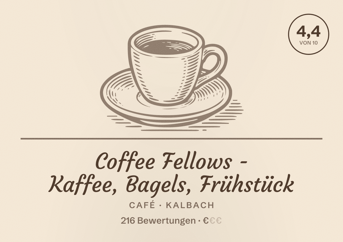 Illustriertes Poster von Coffee Fellows - Kaffee, Bagels, Frühstück, Café in Kalbach: Bewertung 4,4 von 10 aus 216 Bewertungen, Preisniveau €