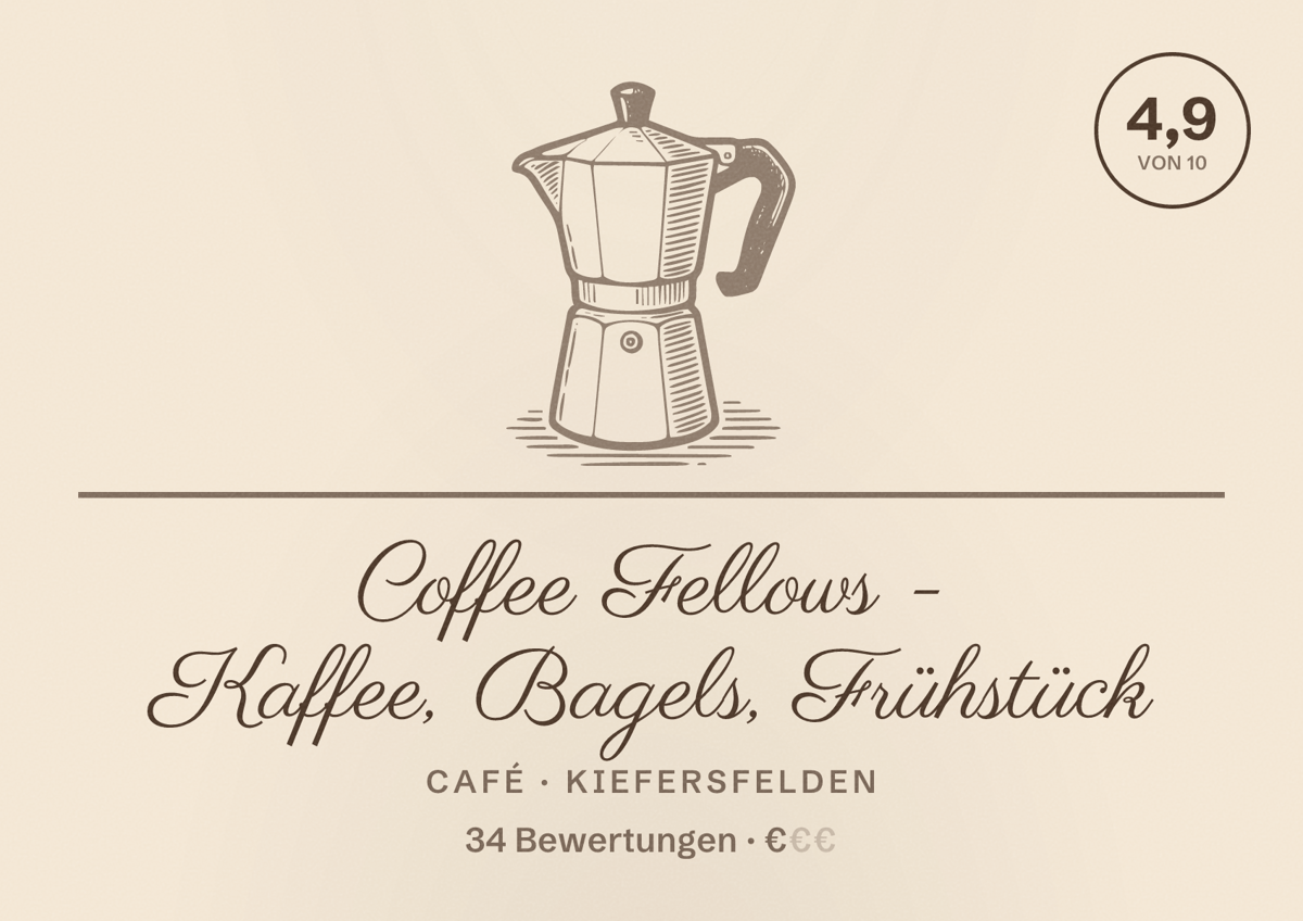 Illustriertes Poster von Coffee Fellows - Kaffee, Bagels, Frühstück, Café in Kiefersfelden: Bewertung 4,9 von 10 aus 34 Bewertungen, Preisniveau €