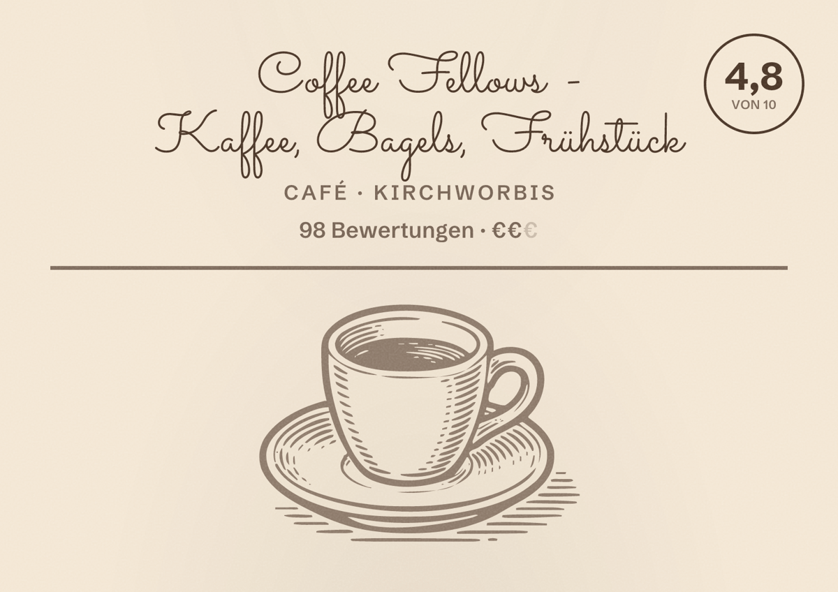 Illustriertes Poster von Coffee Fellows - Kaffee, Bagels, Frühstück, Café in Kirchworbis: Bewertung 4,8 von 10 aus 98 Bewertungen, Preisniveau €€