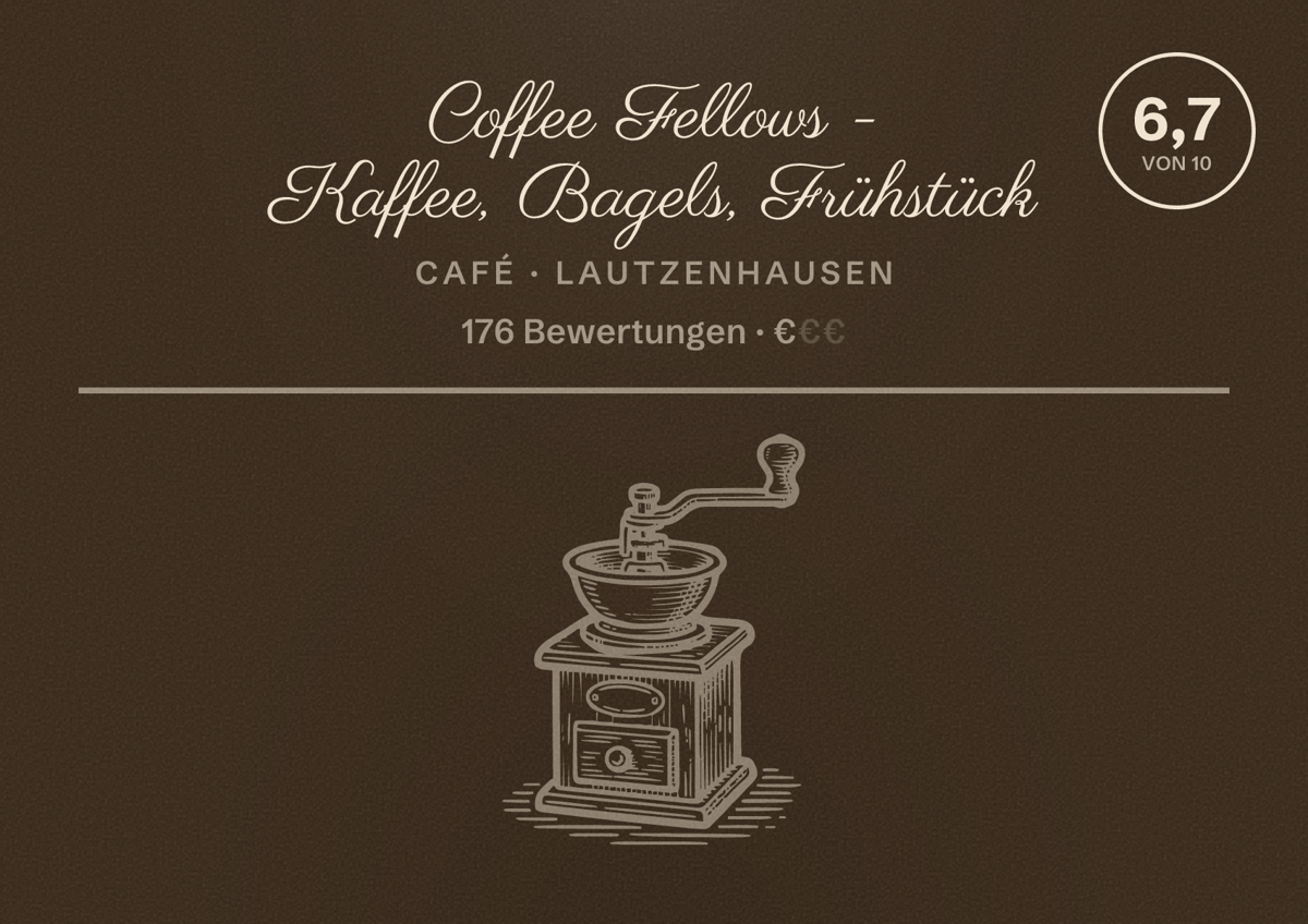 Illustriertes Poster von Coffee Fellows - Kaffee, Bagels, Frühstück, Café in Lautzenhausen: Bewertung 6,7 von 10 aus 176 Bewertungen, Preisniveau €