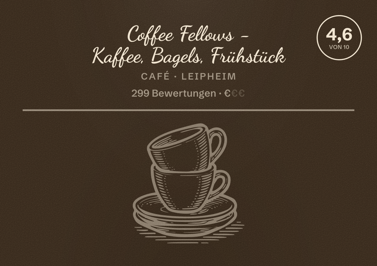 Illustriertes Poster von Coffee Fellows - Kaffee, Bagels, Frühstück, Café in Leipheim: Bewertung 4,6 von 10 aus 299 Bewertungen, Preisniveau €