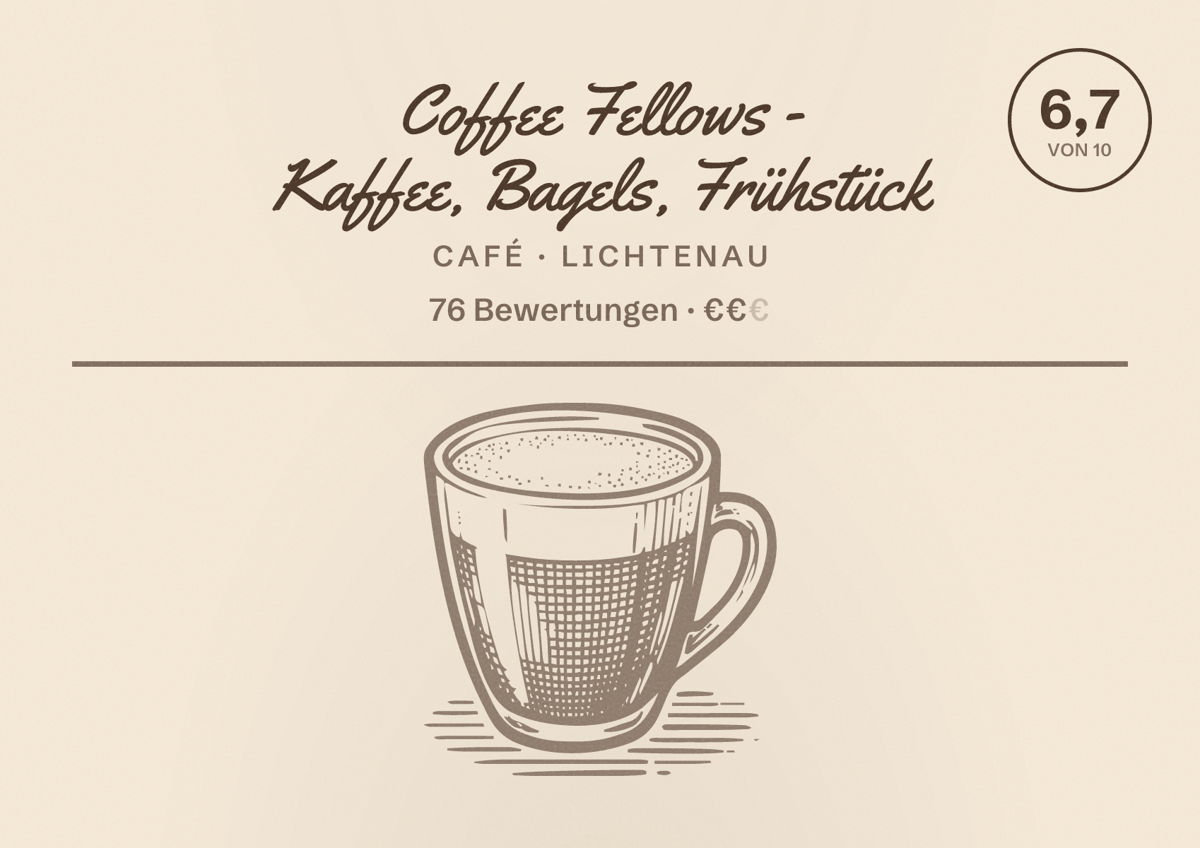 Illustriertes Poster von Coffee Fellows - Kaffee, Bagels, Frühstück, Café in Lichtenau: Bewertung 6,7 von 10 aus 76 Bewertungen, Preisniveau €€