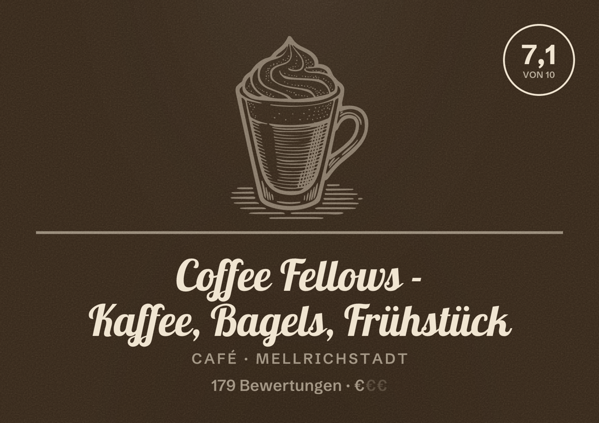Illustriertes Poster von Coffee Fellows - Kaffee, Bagels, Frühstück, Café in Mellrichstadt: Bewertung 7,1 von 10 aus 179 Bewertungen, Preisniveau €