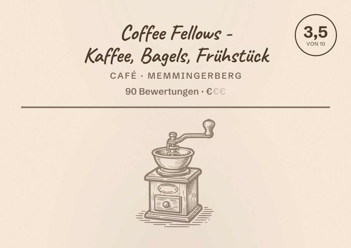 Illustriertes Poster von Coffee Fellows - Kaffee, Bagels, Frühstück, Café in Memmingerberg: Bewertung 3,5 von 10 aus 90 Bewertungen, Preisniveau €