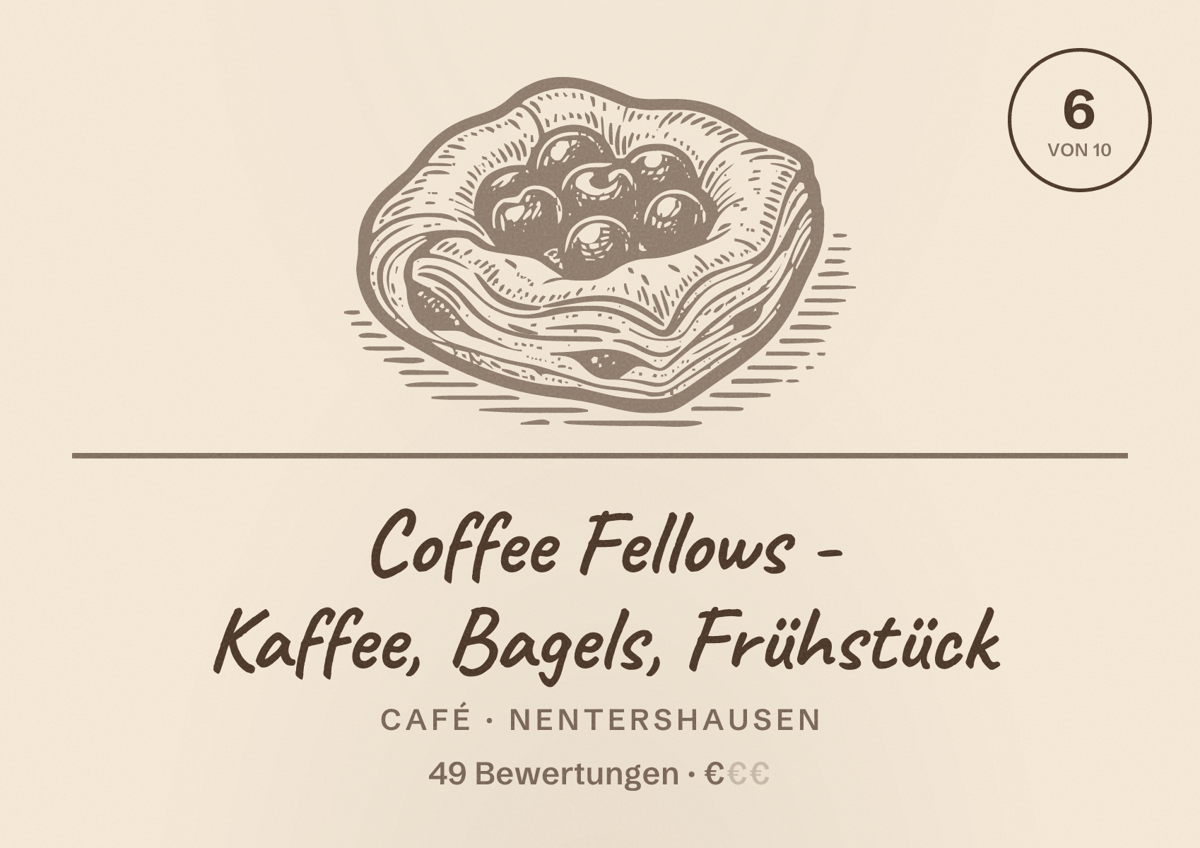 Illustriertes Poster von Coffee Fellows - Kaffee, Bagels, Frühstück, Café in Nentershausen: Bewertung 6 von 10 aus 49 Bewertungen, Preisniveau €