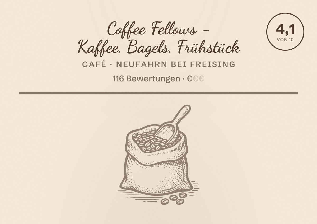 Illustriertes Poster von Coffee Fellows - Kaffee, Bagels, Frühstück, Café in Neufahrn bei Freising: Bewertung 4,1 von 10 aus 116 Bewertungen, Preisniveau €