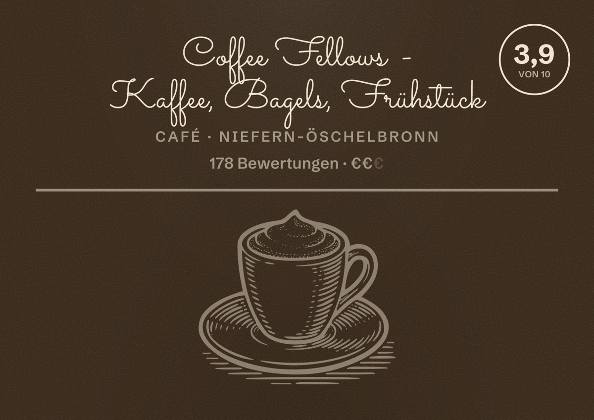 Illustriertes Poster von Coffee Fellows - Kaffee, Bagels, Frühstück, Café in Niefern-Öschelbronn: Bewertung 3,9 von 10 aus 178 Bewertungen, Preisniveau €€