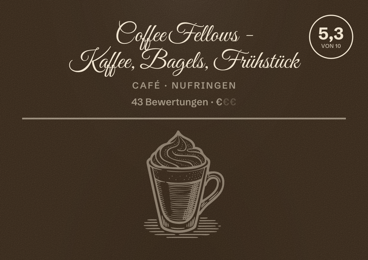 Illustriertes Poster von Coffee Fellows - Kaffee, Bagels, Frühstück, Café in Nufringen: Bewertung 5,3 von 10 aus 43 Bewertungen, Preisniveau €