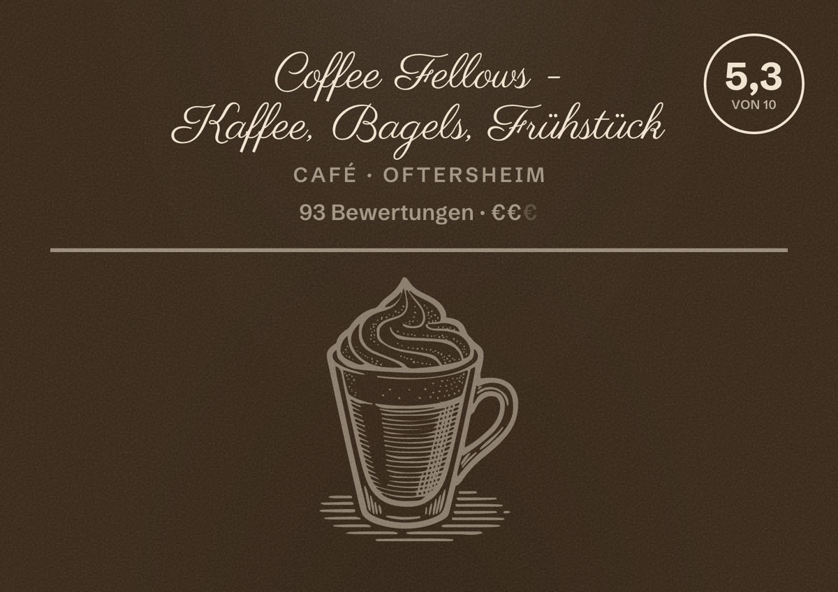 Illustriertes Poster von Coffee Fellows - Kaffee, Bagels, Frühstück, Café in Oftersheim: Bewertung 5,3 von 10 aus 93 Bewertungen, Preisniveau €€