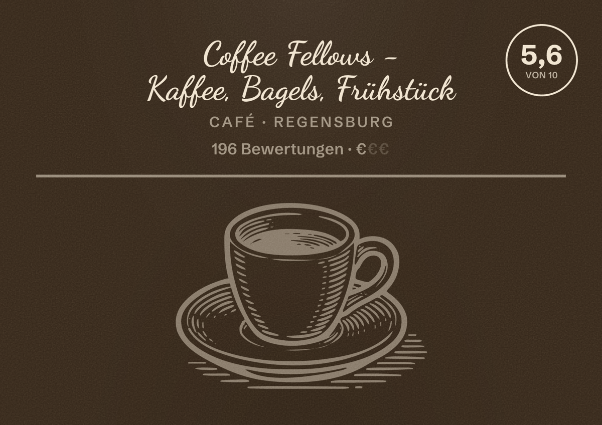 Illustriertes Poster von Coffee Fellows - Kaffee, Bagels, Frühstück, Café in Regensburg: Bewertung 5,6 von 10 aus 196 Bewertungen, Preisniveau €