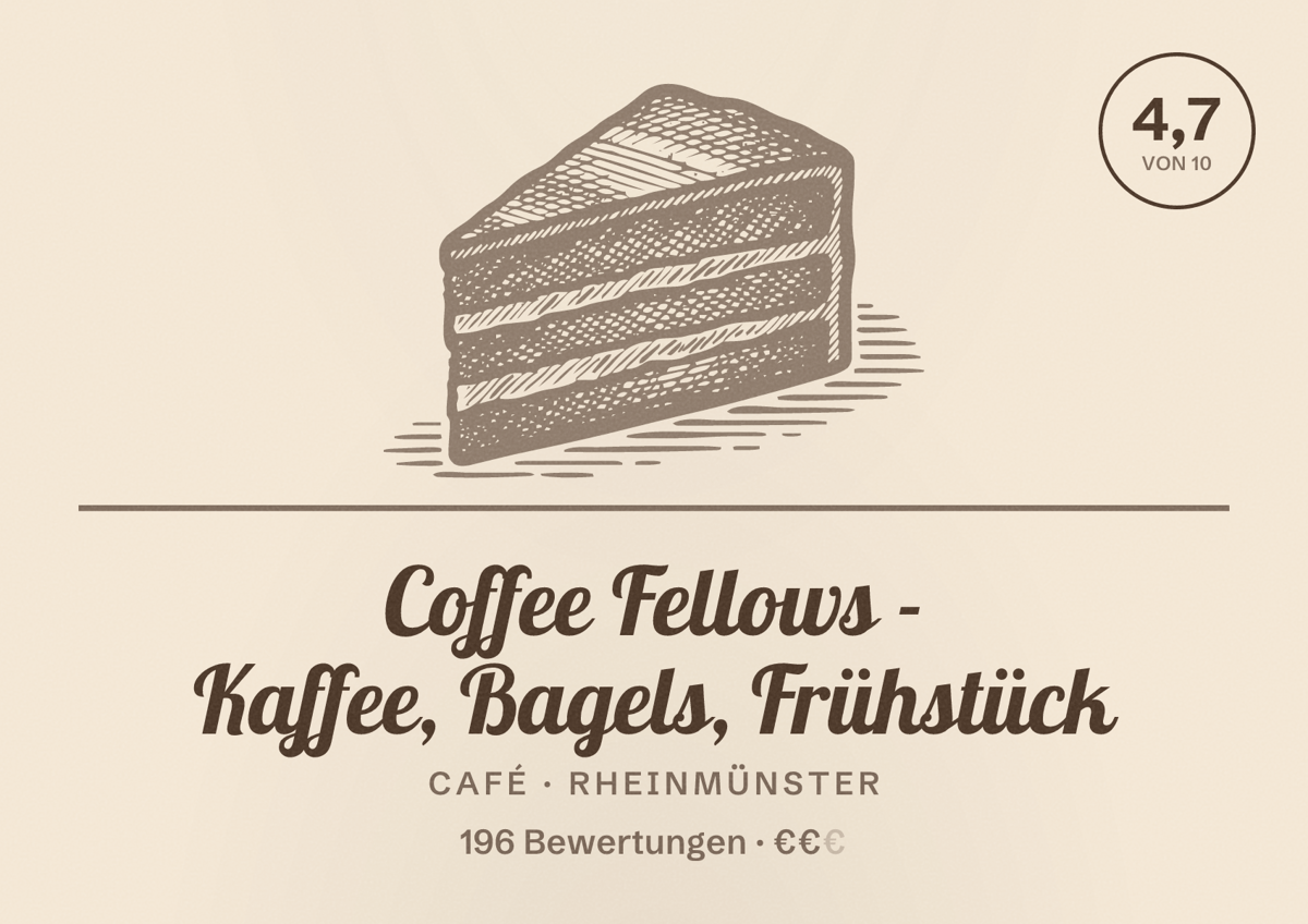 Illustriertes Poster von Coffee Fellows - Kaffee, Bagels, Frühstück, Café in Rheinmünster: Bewertung 4,7 von 10 aus 196 Bewertungen, Preisniveau €€