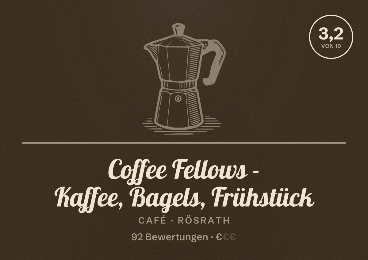 Illustriertes Poster von Coffee Fellows - Kaffee, Bagels, Frühstück, Café in Rösrath: Bewertung 3,2 von 10 aus 92 Bewertungen, Preisniveau €