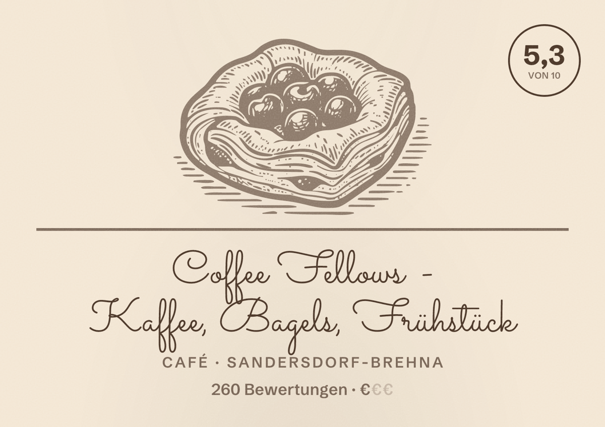 Illustriertes Poster von Coffee Fellows - Kaffee, Bagels, Frühstück, Café in Sandersdorf-Brehna: Bewertung 5,3 von 10 aus 260 Bewertungen, Preisniveau €