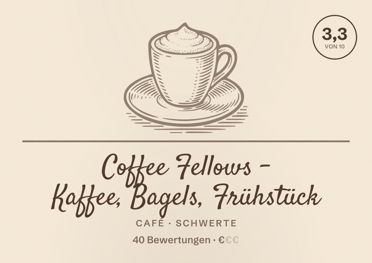Illustriertes Poster von Coffee Fellows - Kaffee, Bagels, Frühstück, Café in Schwerte: Bewertung 3,3 von 10 aus 40 Bewertungen, Preisniveau €