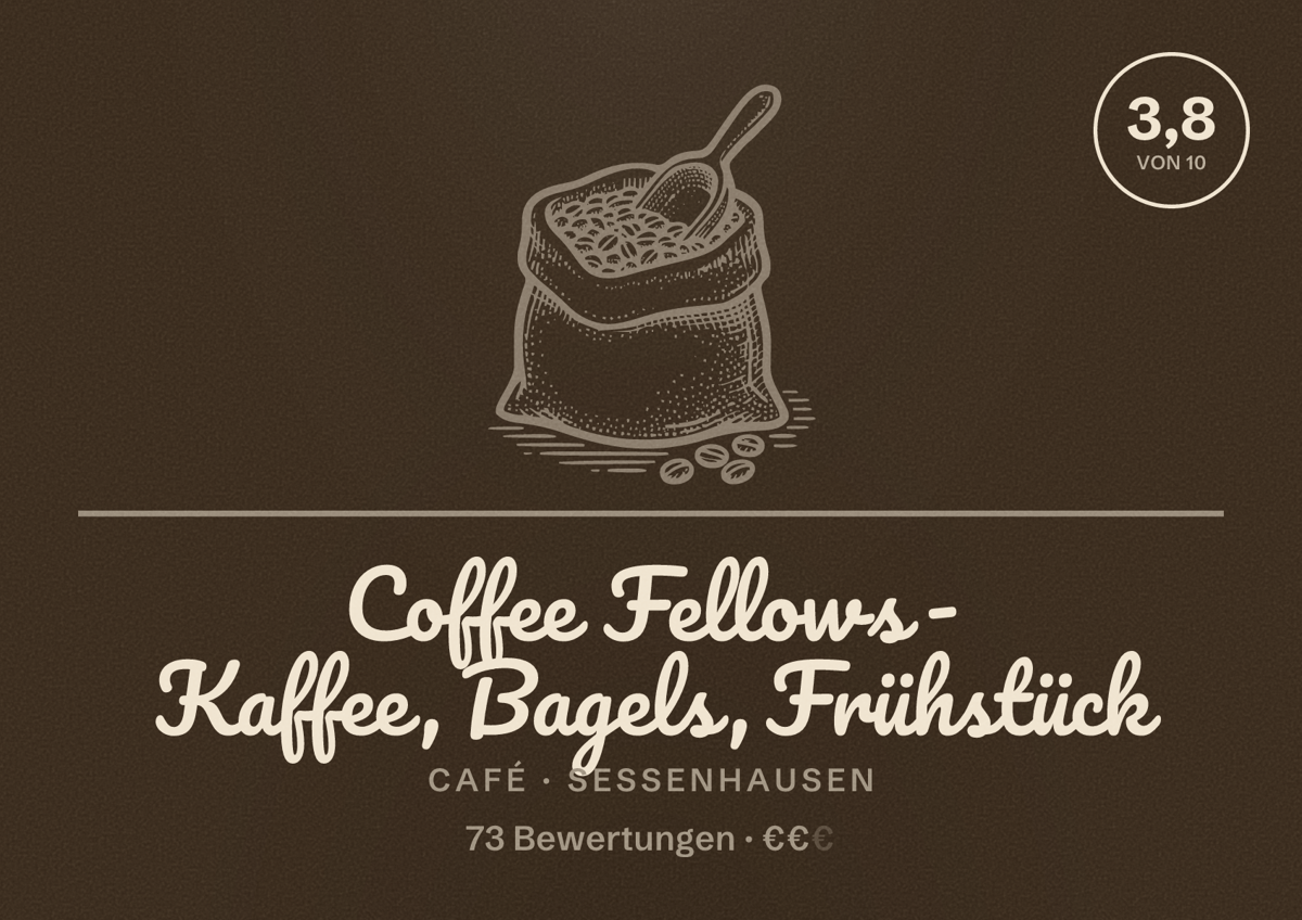 Illustriertes Poster von Coffee Fellows - Kaffee, Bagels, Frühstück, Café in Sessenhausen: Bewertung 3,8 von 10 aus 73 Bewertungen, Preisniveau €€