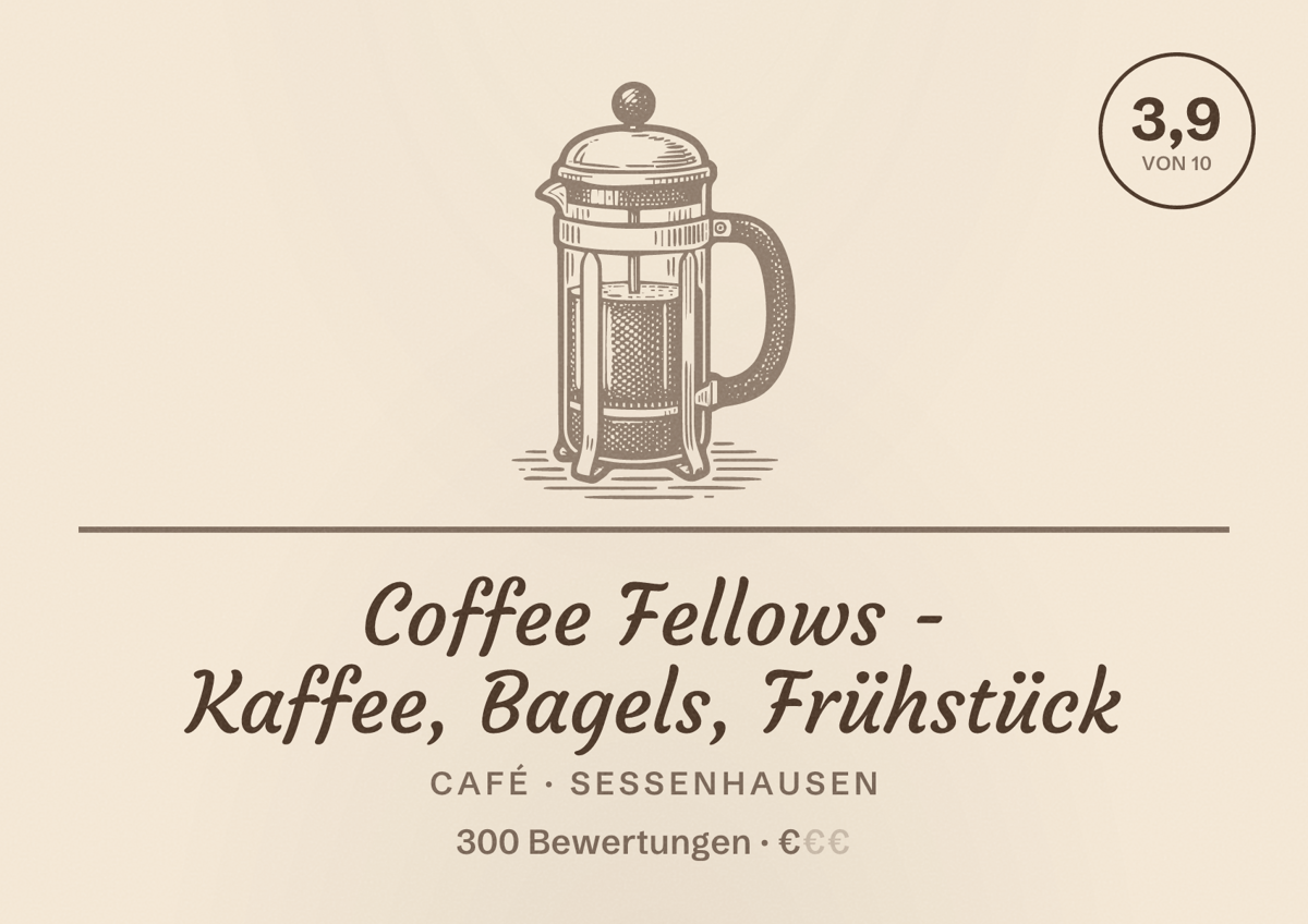 Illustriertes Poster von Coffee Fellows - Kaffee, Bagels, Frühstück, Café in Sessenhausen: Bewertung 3,9 von 10 aus 300 Bewertungen, Preisniveau €