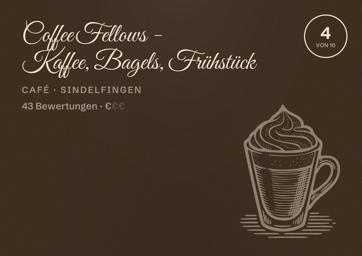 Illustriertes Poster von Coffee Fellows - Kaffee, Bagels, Frühstück, Café in Sindelfingen: Bewertung 4 von 10 aus 43 Bewertungen, Preisniveau €