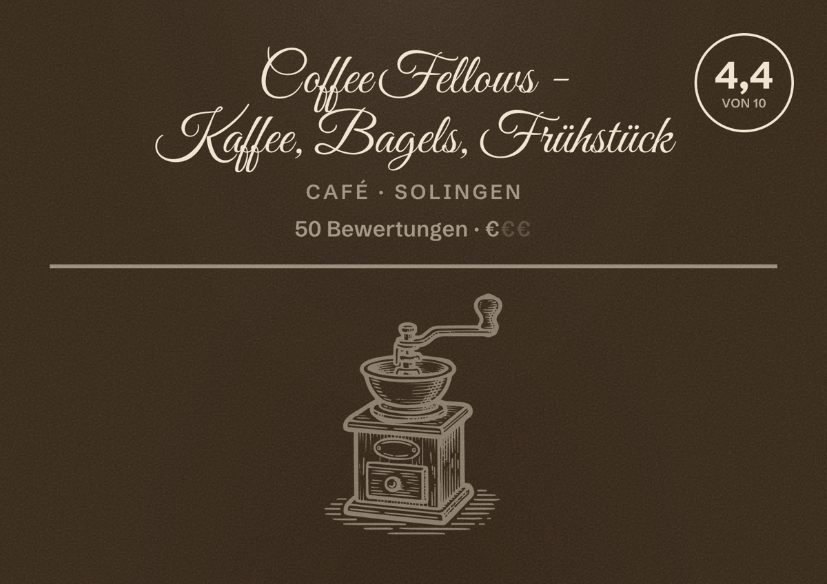 Illustriertes Poster von Coffee Fellows - Kaffee, Bagels, Frühstück, Café in Solingen: Bewertung 4,4 von 10 aus 50 Bewertungen, Preisniveau €