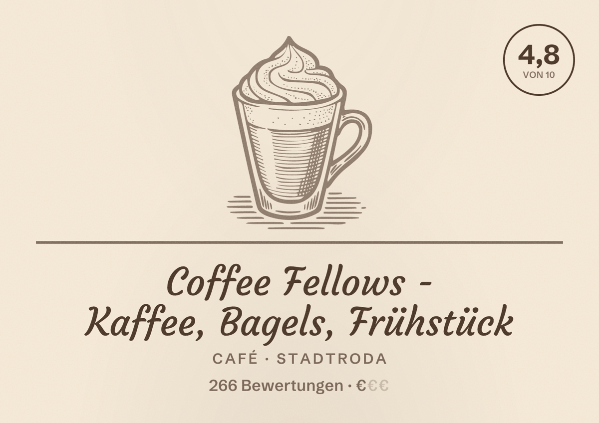 Illustriertes Poster von Coffee Fellows - Kaffee, Bagels, Frühstück, Café in Stadtroda: Bewertung 4,8 von 10 aus 266 Bewertungen, Preisniveau €