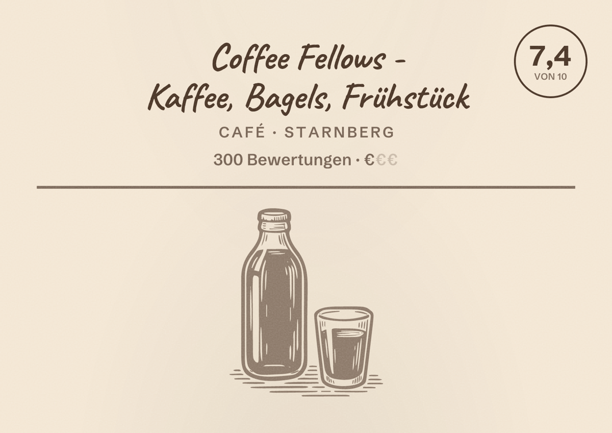 Illustriertes Poster von Coffee Fellows - Kaffee, Bagels, Frühstück, Café in Starnberg: Bewertung 7,4 von 10 aus 300 Bewertungen, Preisniveau €